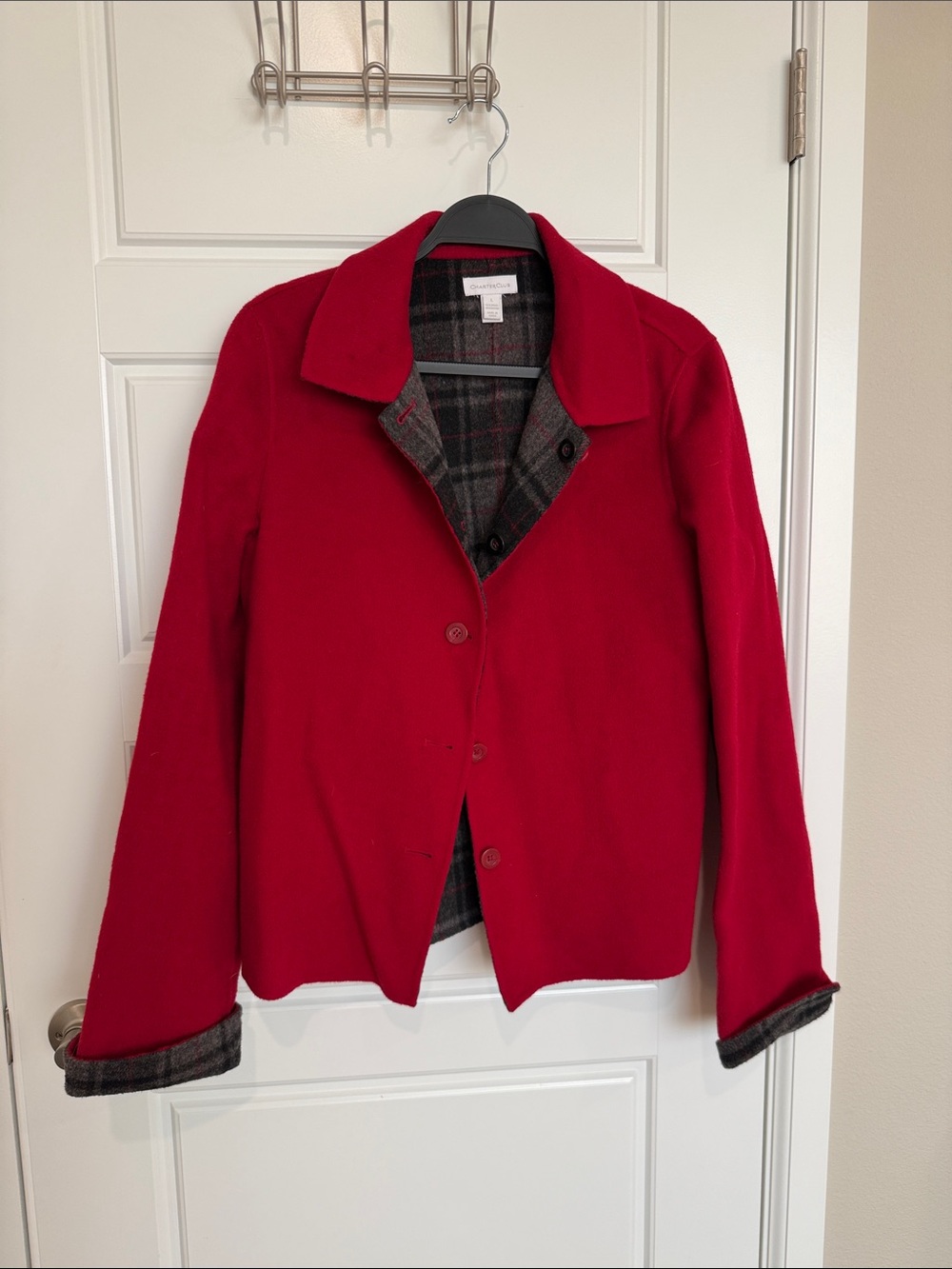 Charter Club Red Jacket with Gray Plaid Interior